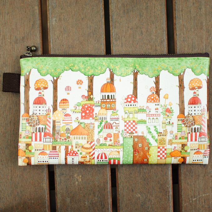 Flat Pouch "Mushroom Old Town in the Dark Forest"