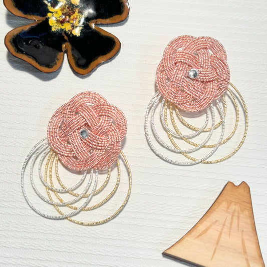 -Mizuhiki- Pink flower Japanese art earrings