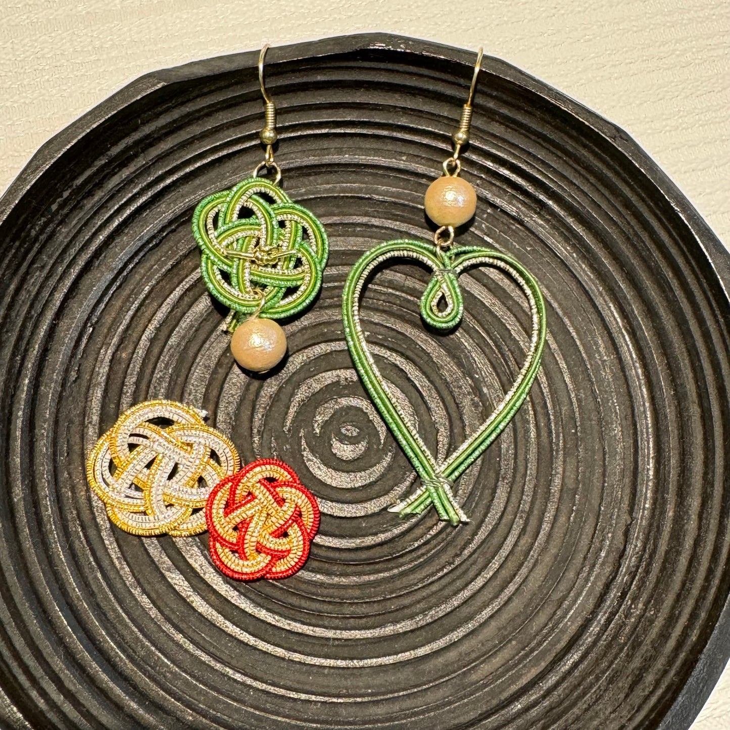 -Mizuhiki- Fortune flower & Heart Japanese art earrings