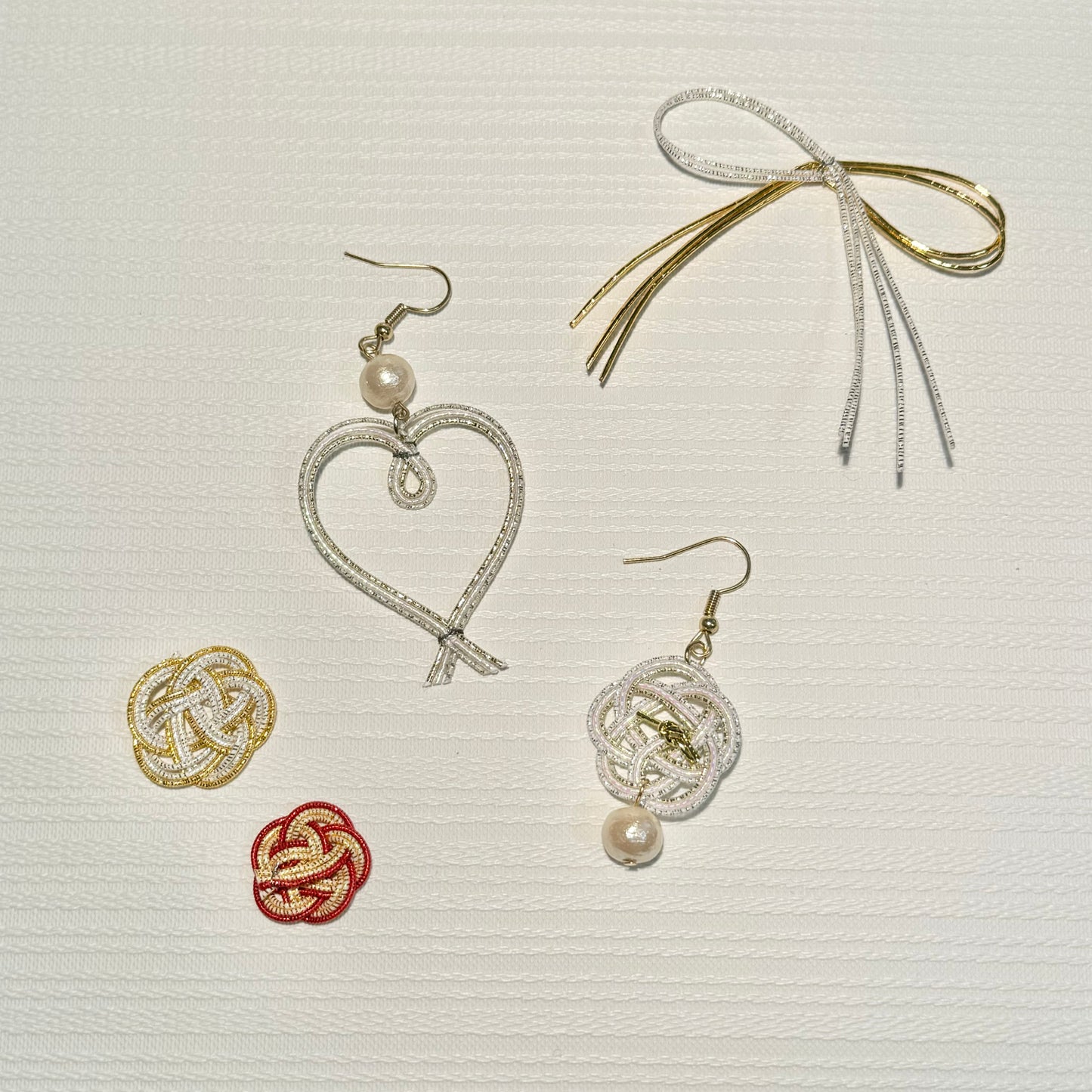 -Mizuhiki- Fortune flower & Heart Japanese art earrings