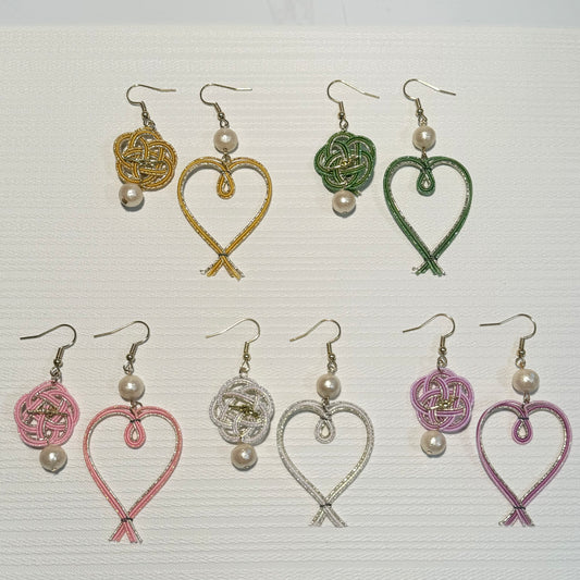 -Mizuhiki- Fortune flower & Heart Japanese art earrings